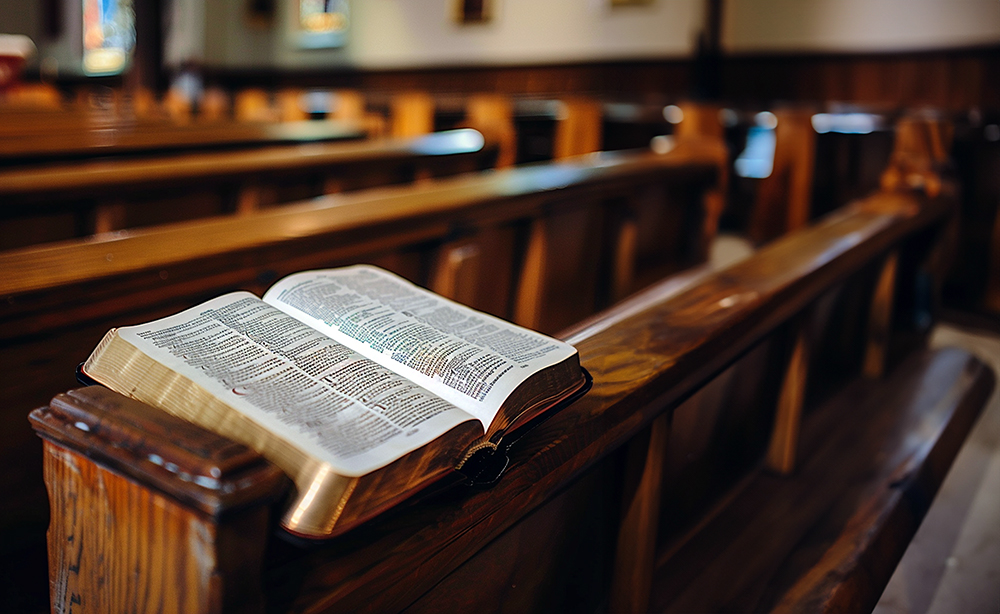Bible on a wooden church pew in an empty church